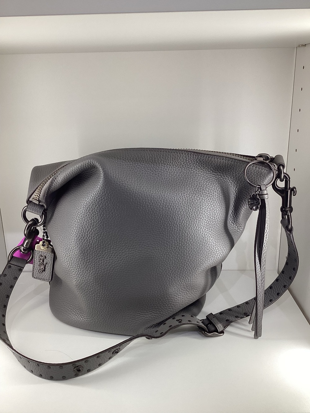 NWT Coach Zip Top Stud Strap Grey Pebbled Leather Bag Tote Purse